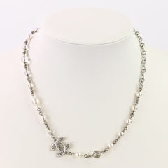 A25C CHANEL Rhinestone Coco Mark Pearl Necklace, Silver/White, Women's — Like New