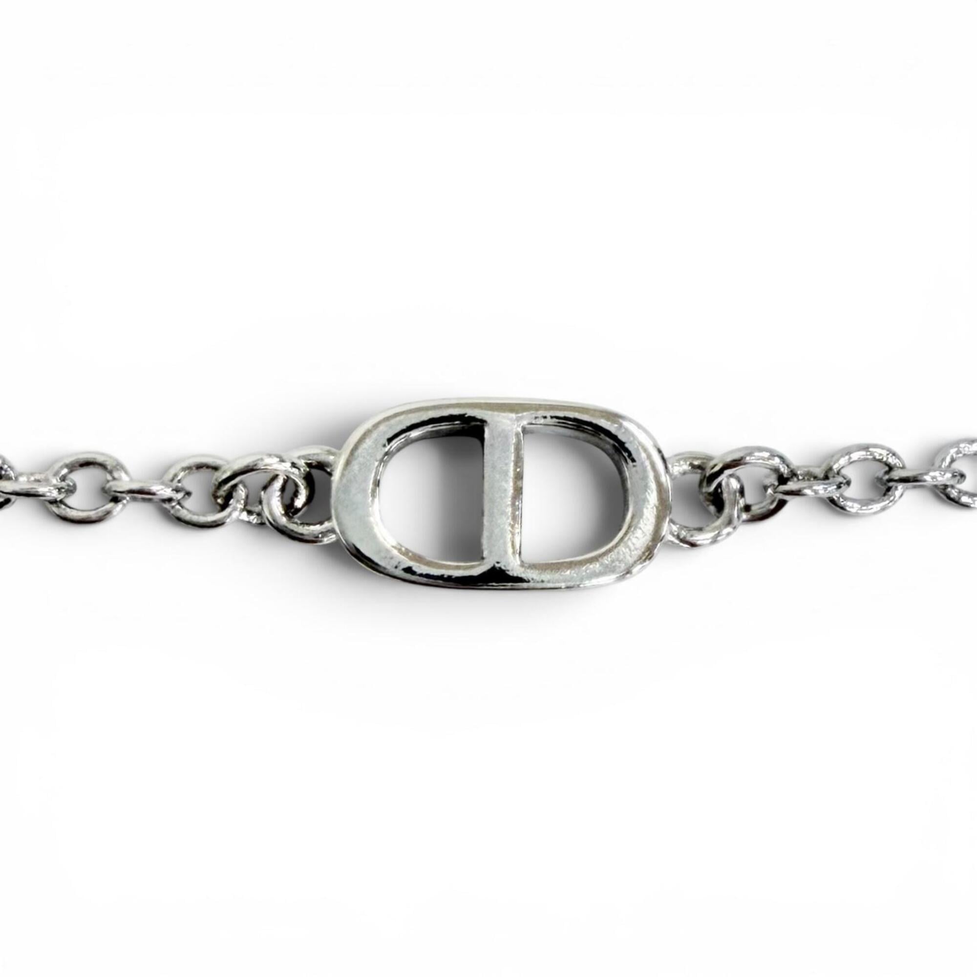 Christian Dior DIOR CD logo ribbon motif rhinestone faux pearl necklace accessory, silver, for women — Like New