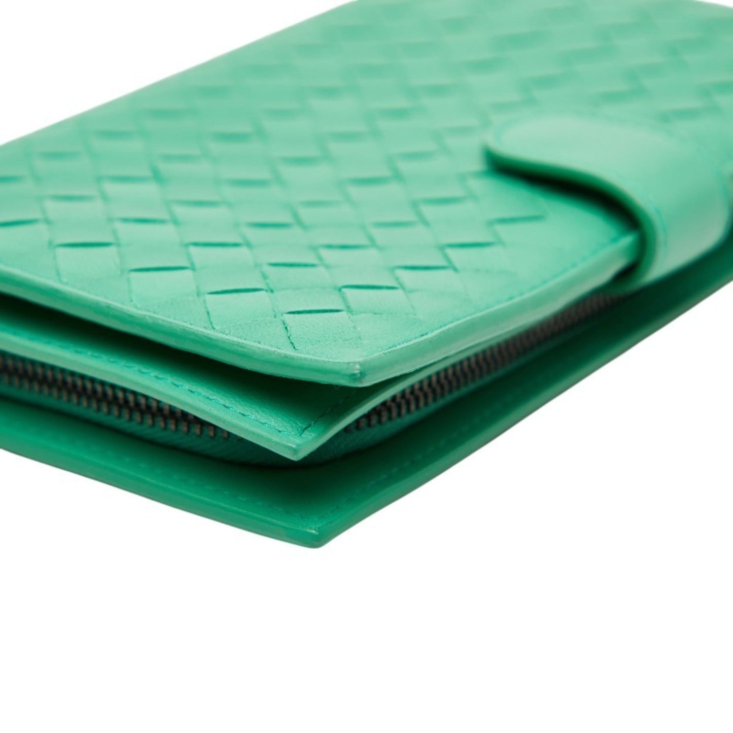 Bottega Veneta Intrecciato Round Zip Long Wallet Green Leather Women's BOTTEGAVENETA
