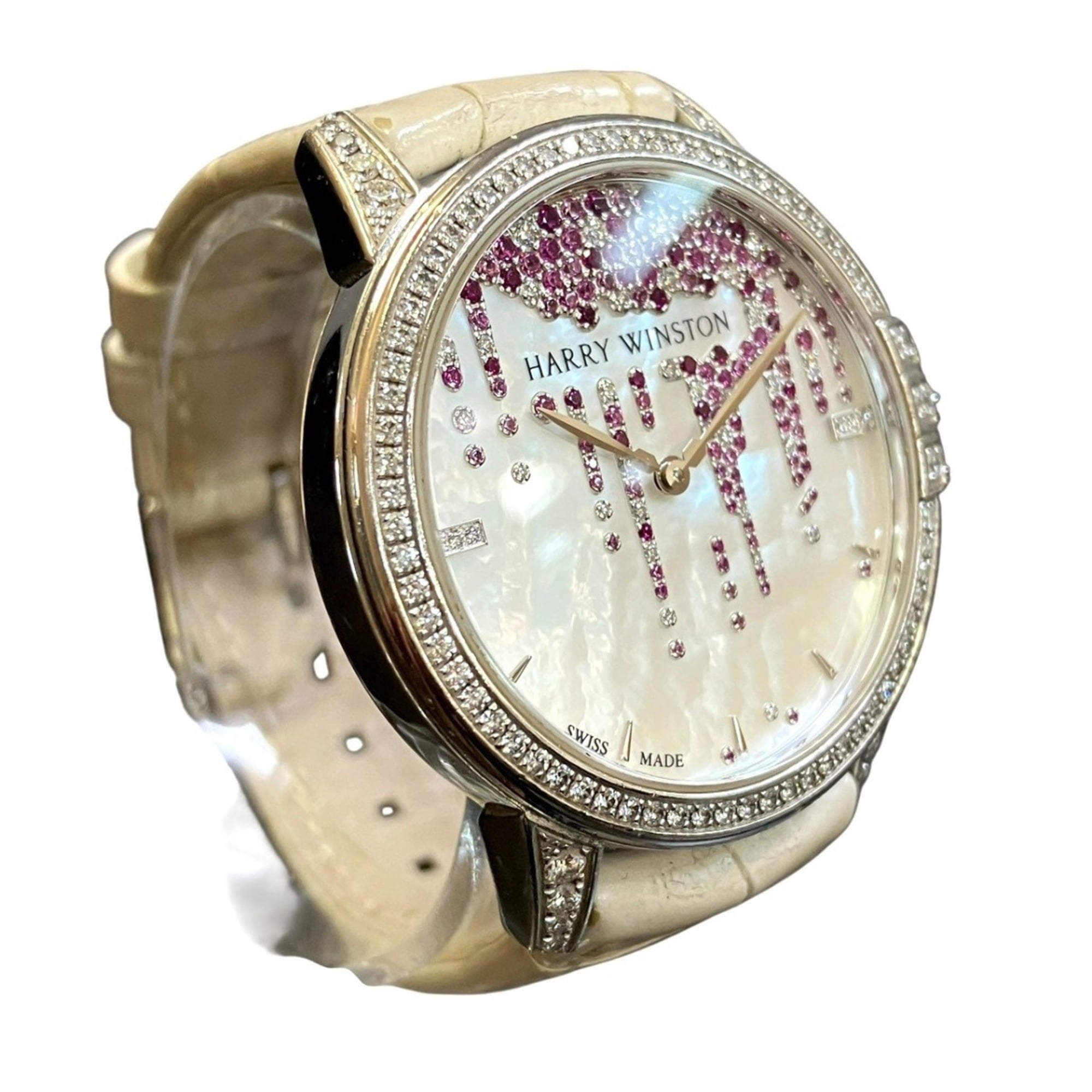 Harry Winston Midnight Diamond Stalactite Watch, Total Weight 64.7g, 18K Gold, Genuine Leather Strap, Automatic Movement, Mother-of-Pearl Dial, MIDAHM36WW001 — Very Good