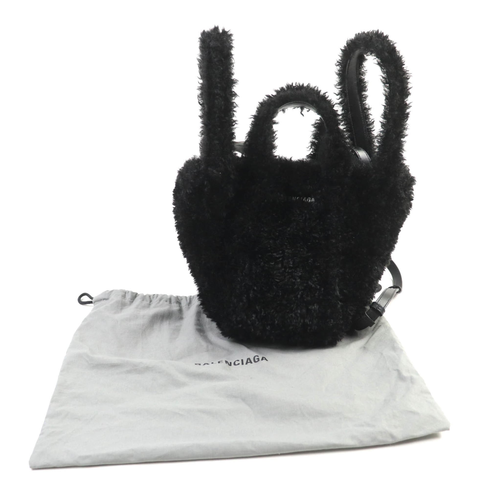 BALENCIAGA Everyday 2.0 XS (672793) Logo Embroidered F-Fur Shoulder Tote Bag, Black, Includes Dust Made in Italy — Like New