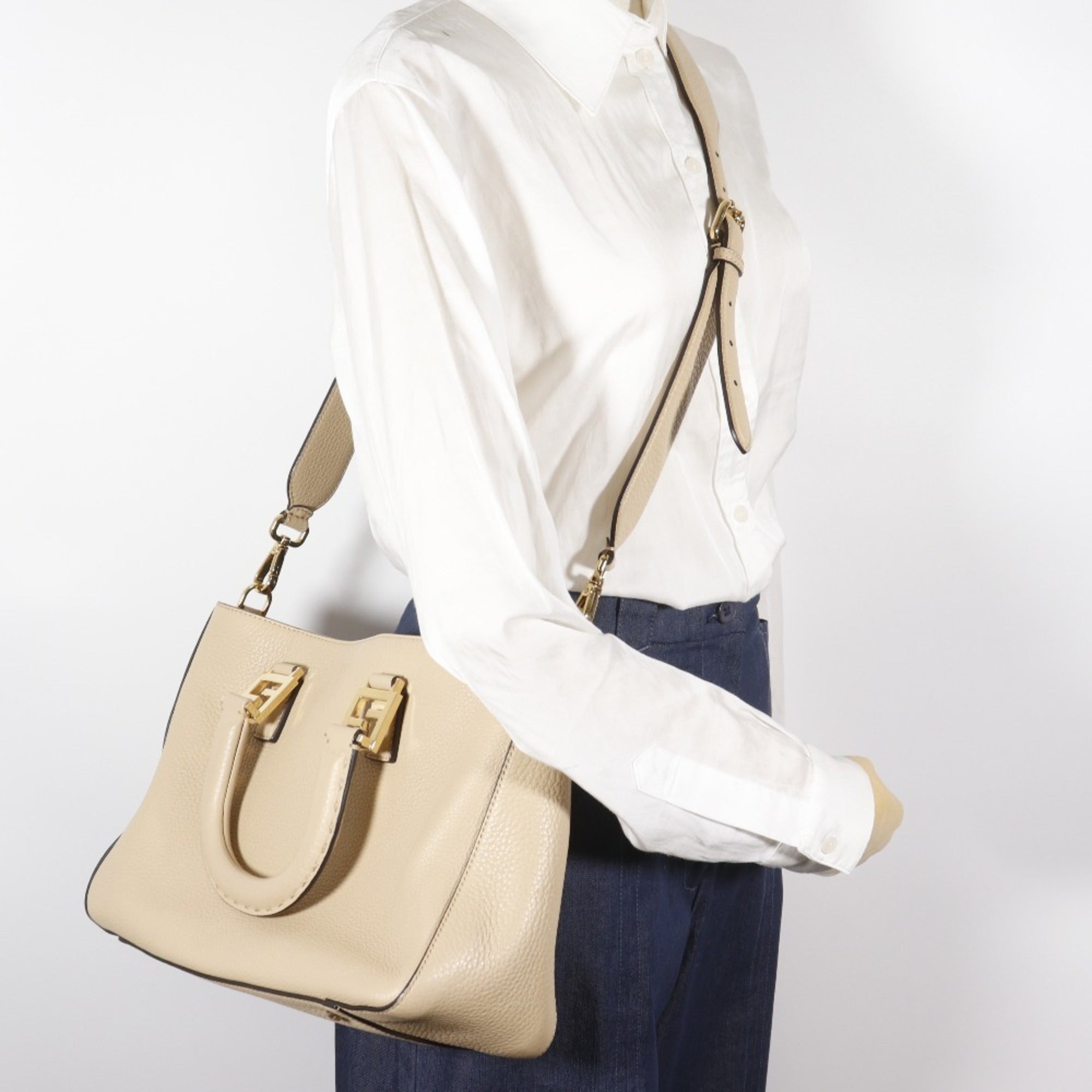 Fendi FF Tote Small Handbag 2-Way Shoulder Bag 8BH367 Calfskin Beige 2-way A5 Magnetic Closure Women's — Like New