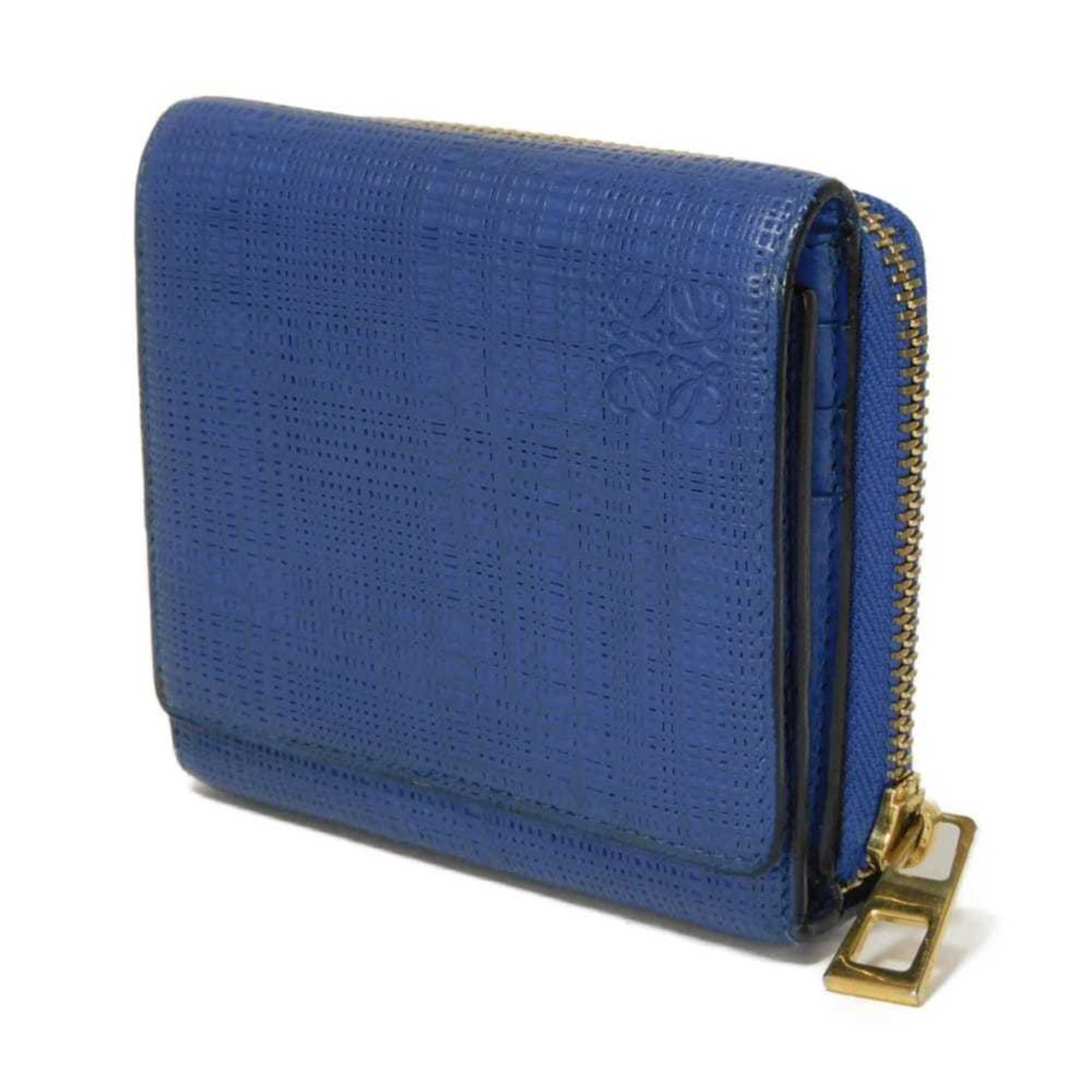 LOEWE Tri-fold Wallet, Linen, Zip, Compact, Textured Calfskin, Round, Anagram Embossed, Blue, Men's and Women's