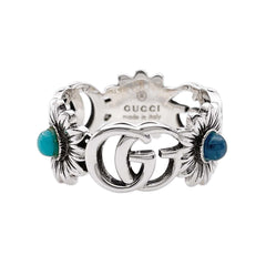GUCCI Double G Flower Turquoise Mother-of-Pearl Ring, SV925, 13 7782, Silver, Men's/Women's — Like New