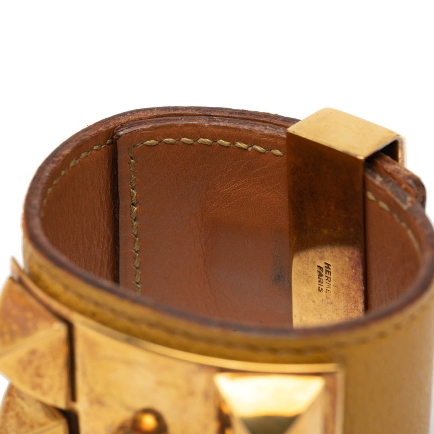 Hermes Collier de Chien Bracelet in Yellow Gold and Leather with Plated Design for Women