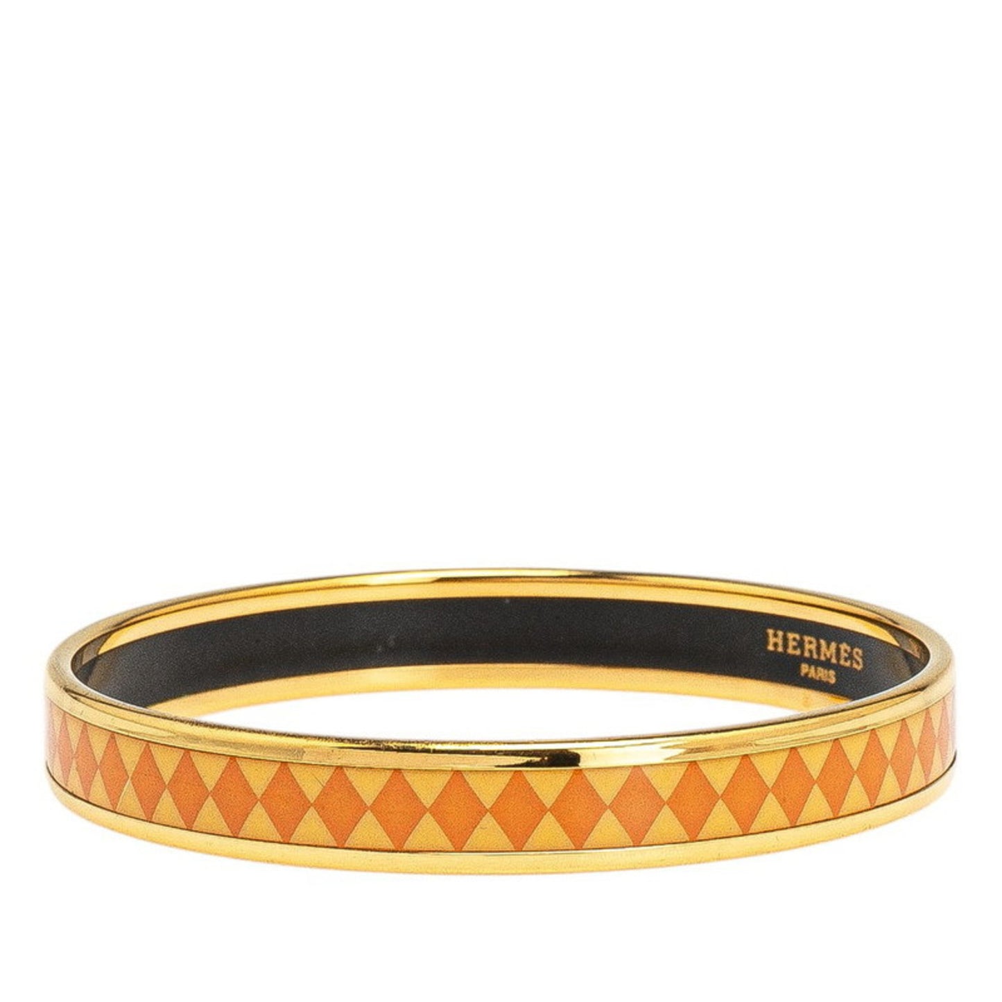 Hermes enamel PM diamond motif bangle in orange and gold plated for women.