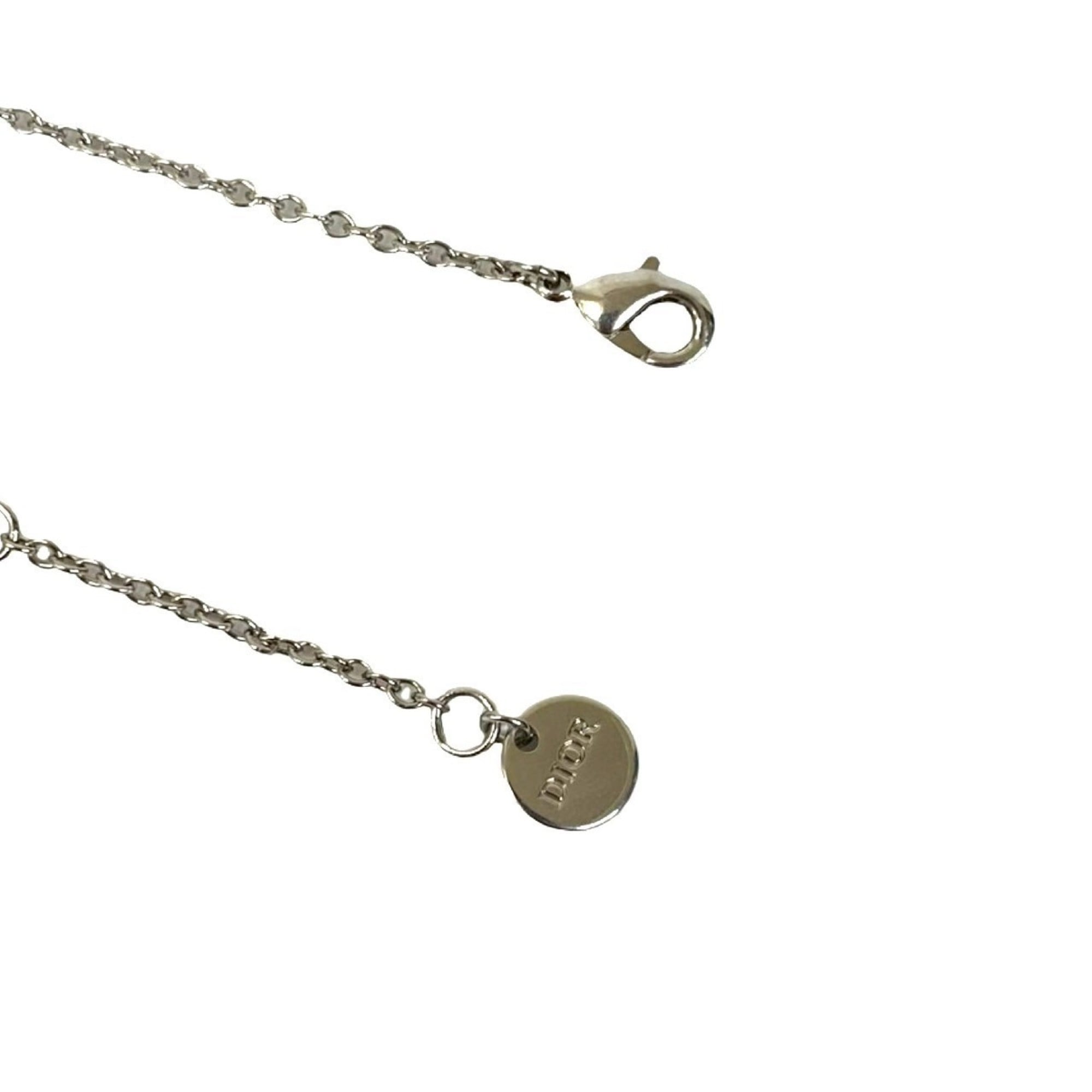 Christian Dior CD Metal Rhinestone Necklace Pendant Silver 29645