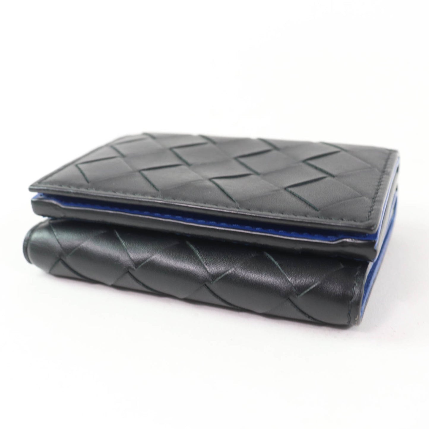 BOTTEGA VENETA Leather Intrecciato Tiny Tri-fold Wallet, Compact Black/Blue, Box and Dust Bag Included, Made in Italy, Women's