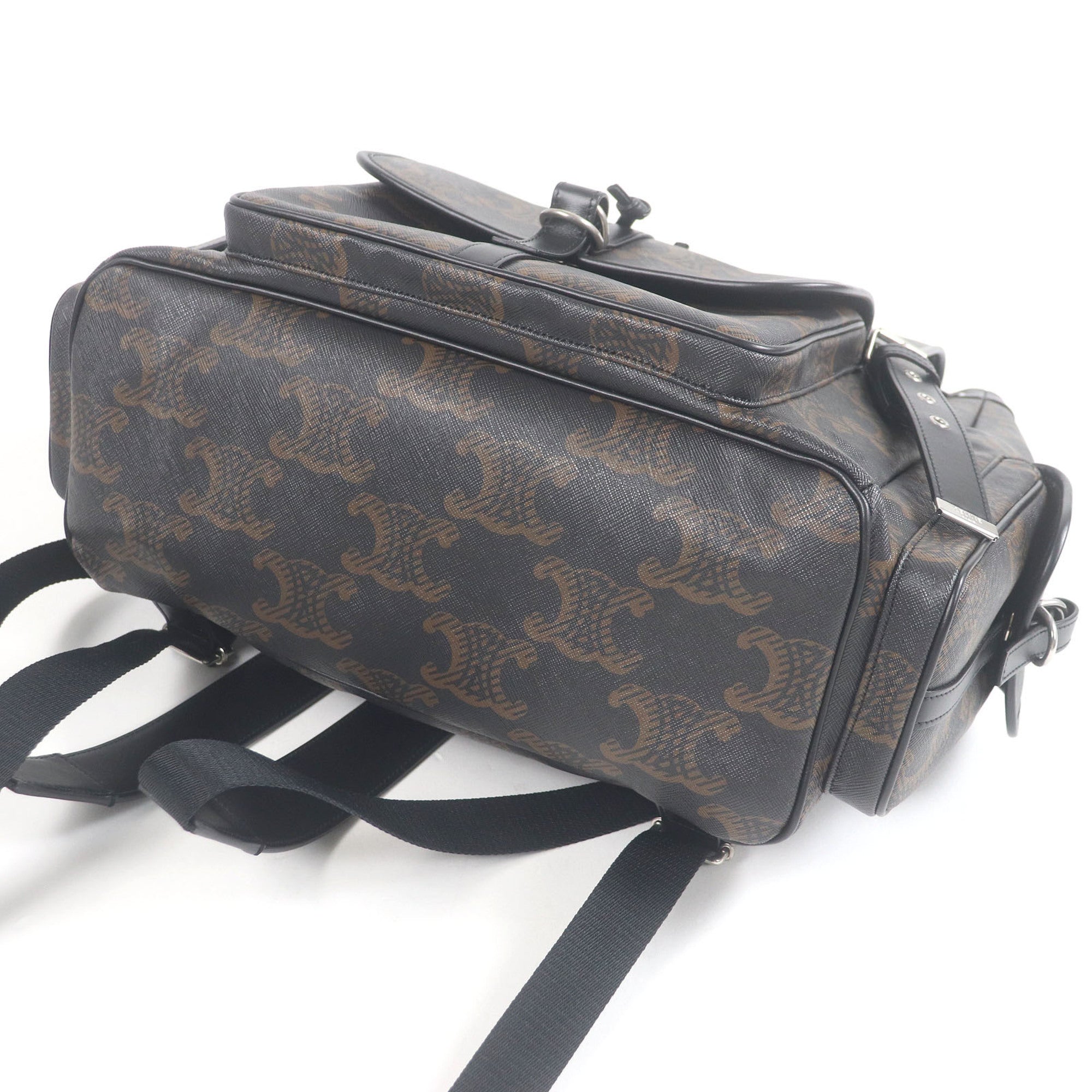 CELINE 11181 Coated Canvas Triomphe Pattern Backpack Daypack Black Brown with Dust Bag Men's — Like New