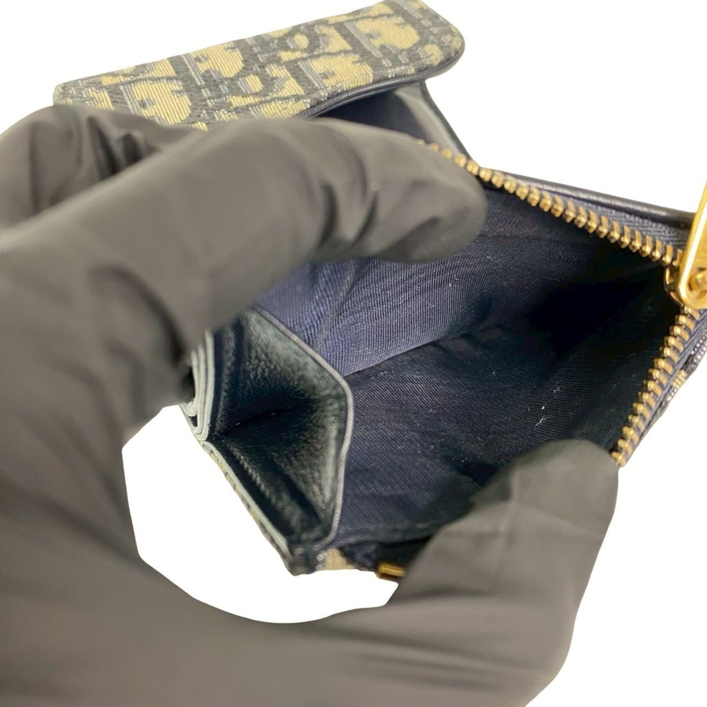 Christian Dior Oblique Logo Canvas and Leather Tri-fold Wallet, Mini, Navy, 18273