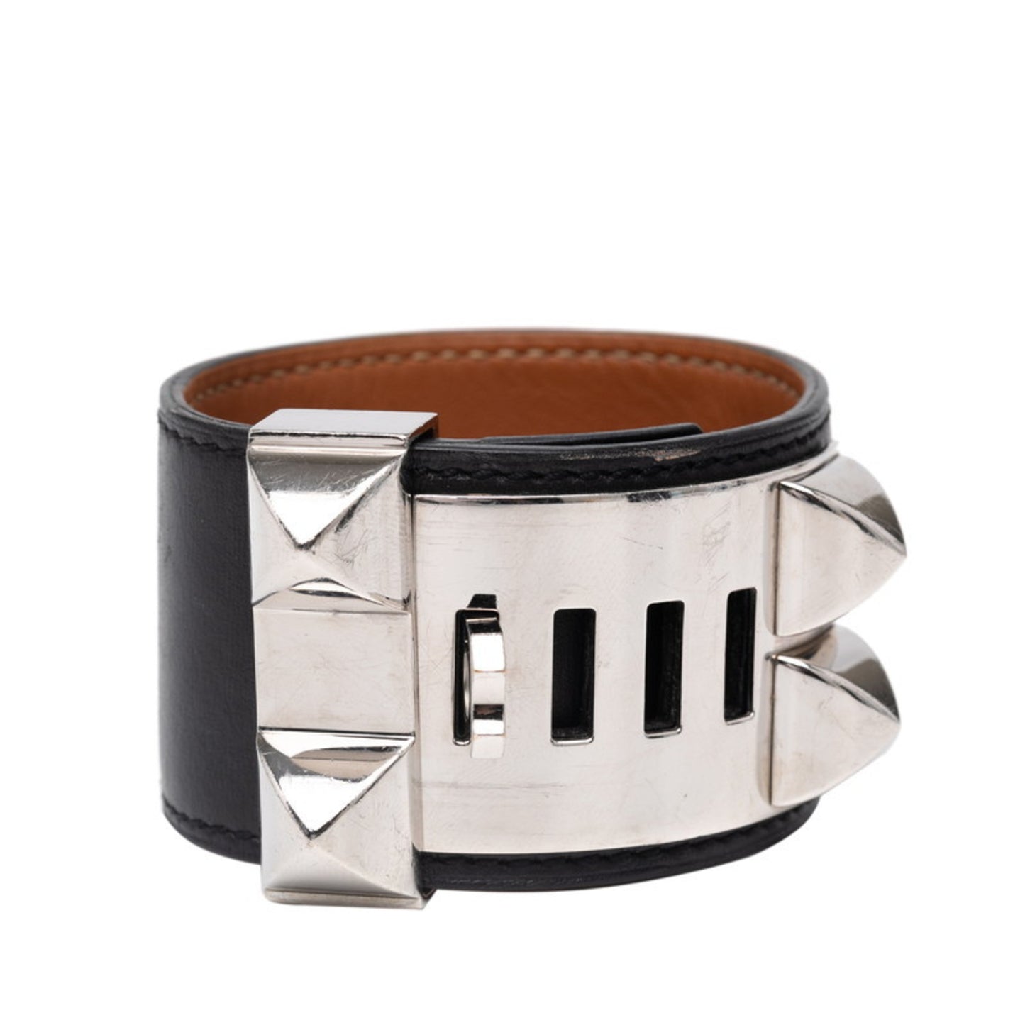 Hermès Collier de Chien Bangle Bracelet, Size S, Black and Silver Box Calf Leather, Metal, Women's, HERMES
