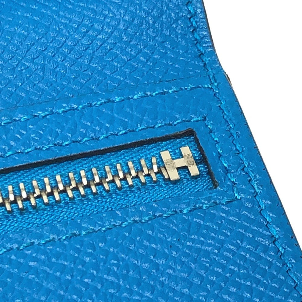 HERMES Bearn Soufflet Bifold Wallet, Long Epsom Leather, Women's, Blue Zanzibar,