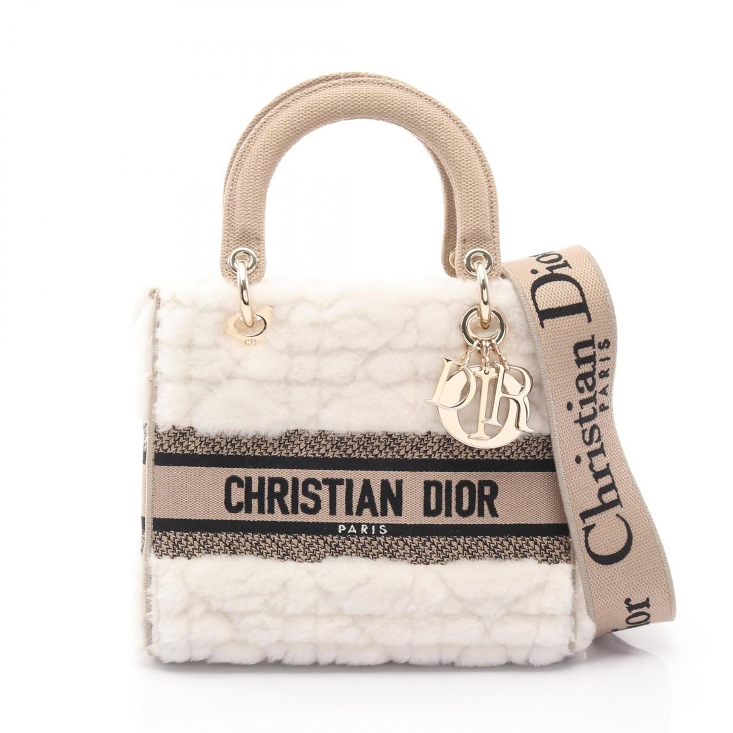 Christian Dior Dior LADY D-LITE Medium Handbag, Canvas and Shearling, Women's, White, Beige, Black