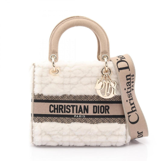 Christian Dior Dior LADY D-LITE Medium Handbag, Canvas and Shearling, Women's, White, Beige, Black