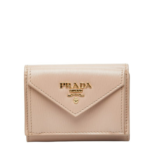 Prada Tri-fold Compact Wallet 1MH021 Beige Vitello Dino Leather Women's PRADA