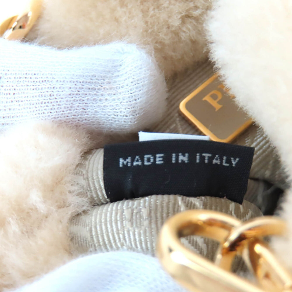 PRADA 1NR16P Sheepskin Mini Pouch, Ecru Beige, Triangle Logo, Chain Shoulder Bag, Made in Italy, Women's — Like New