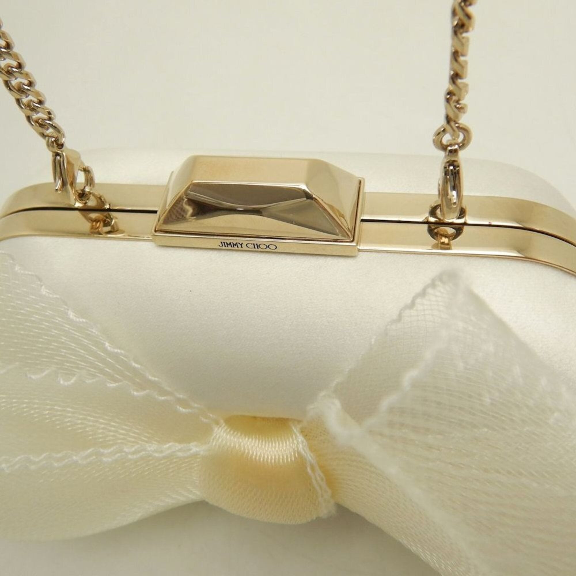 JIMMY CHOO Microcloud Clutch Bag, Chain Clutch, Satin, Off-White, Women's, 253759 — Like New