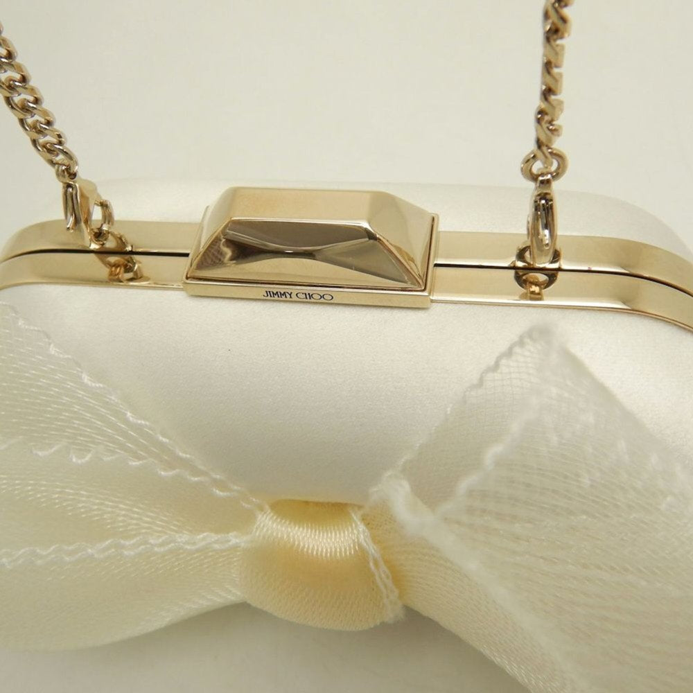 JIMMY CHOO Microcloud Clutch Bag, Chain Clutch, Satin, Off-White, Women's, 253759 — Like New