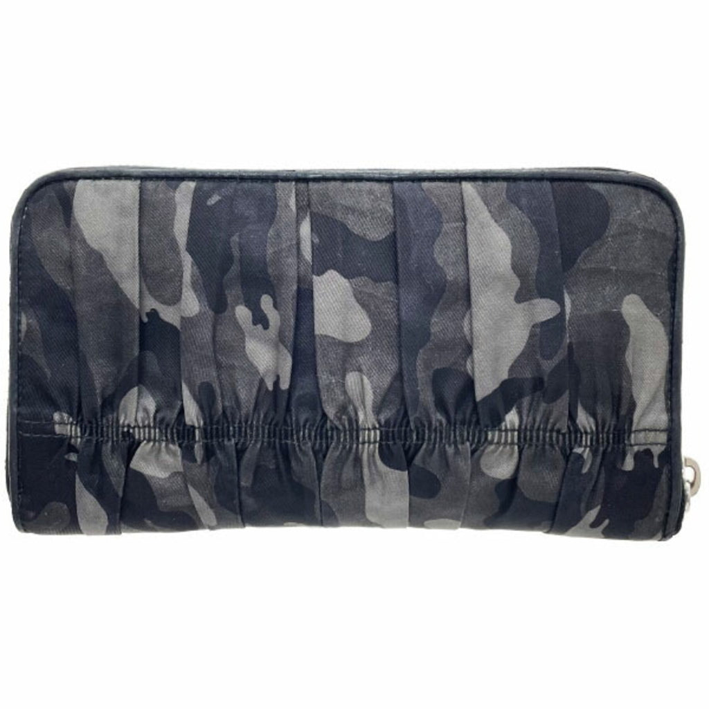 Prada Camouflage Round Long Wallet, Nylon and Leather, Gray Black, 1M0506, PRADA Pattern, Shirring, Gathered Pleats, YY-15718