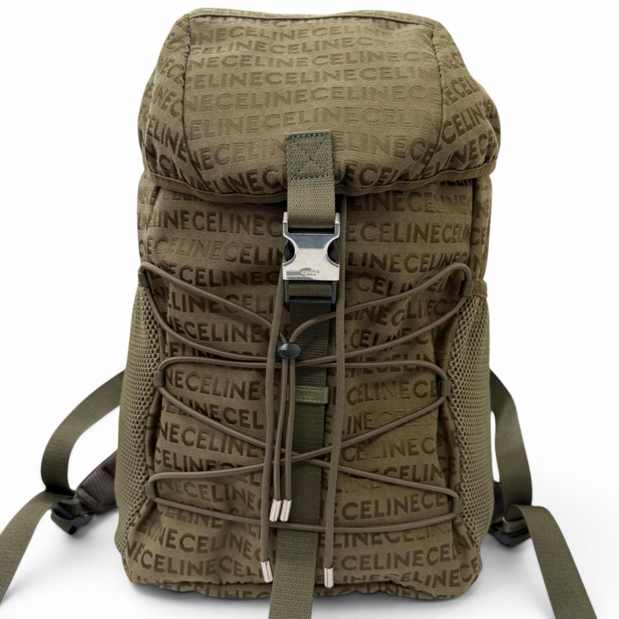 CELINE 198462 Canvas and Leather Trim, Logo Print Trekking Backpack/Daypack, Khaki, Men's, with Dust Bag — Like New