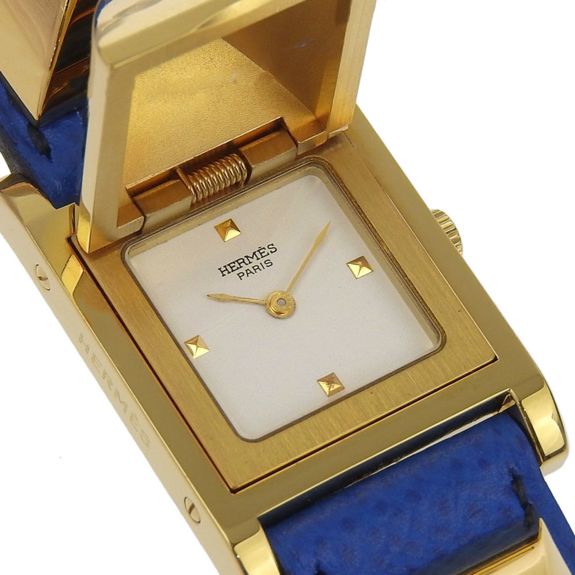 Hermes HERMES Medor Watch Gold Plated x Embossed Leather 1994 Quartz Analog Display White Dial Ladies — Very Good