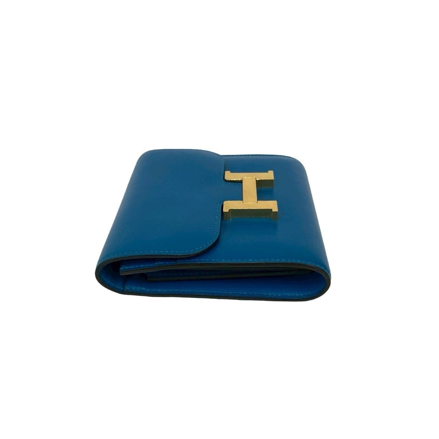 A stamped HERMES Constance Compact Calf Leather Bi-fold Wallet Blue 28793