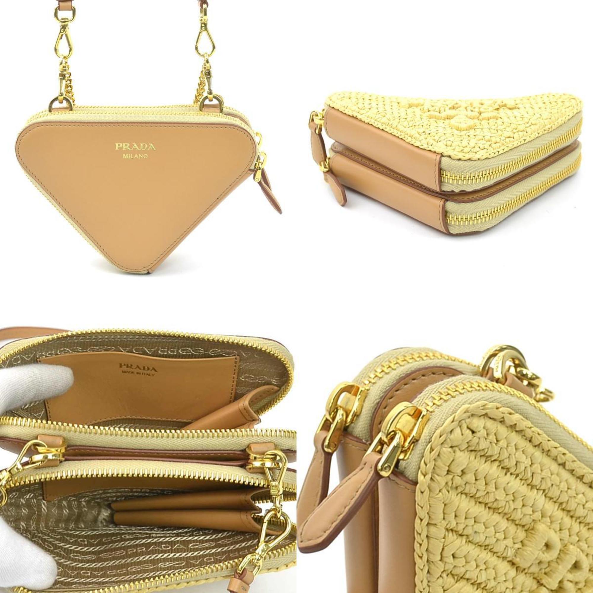 Prada PRADA Shoulder Bag Crochet Mini Pouch Leather Viscose Beige Women's 1NR015 h31454a — Like New