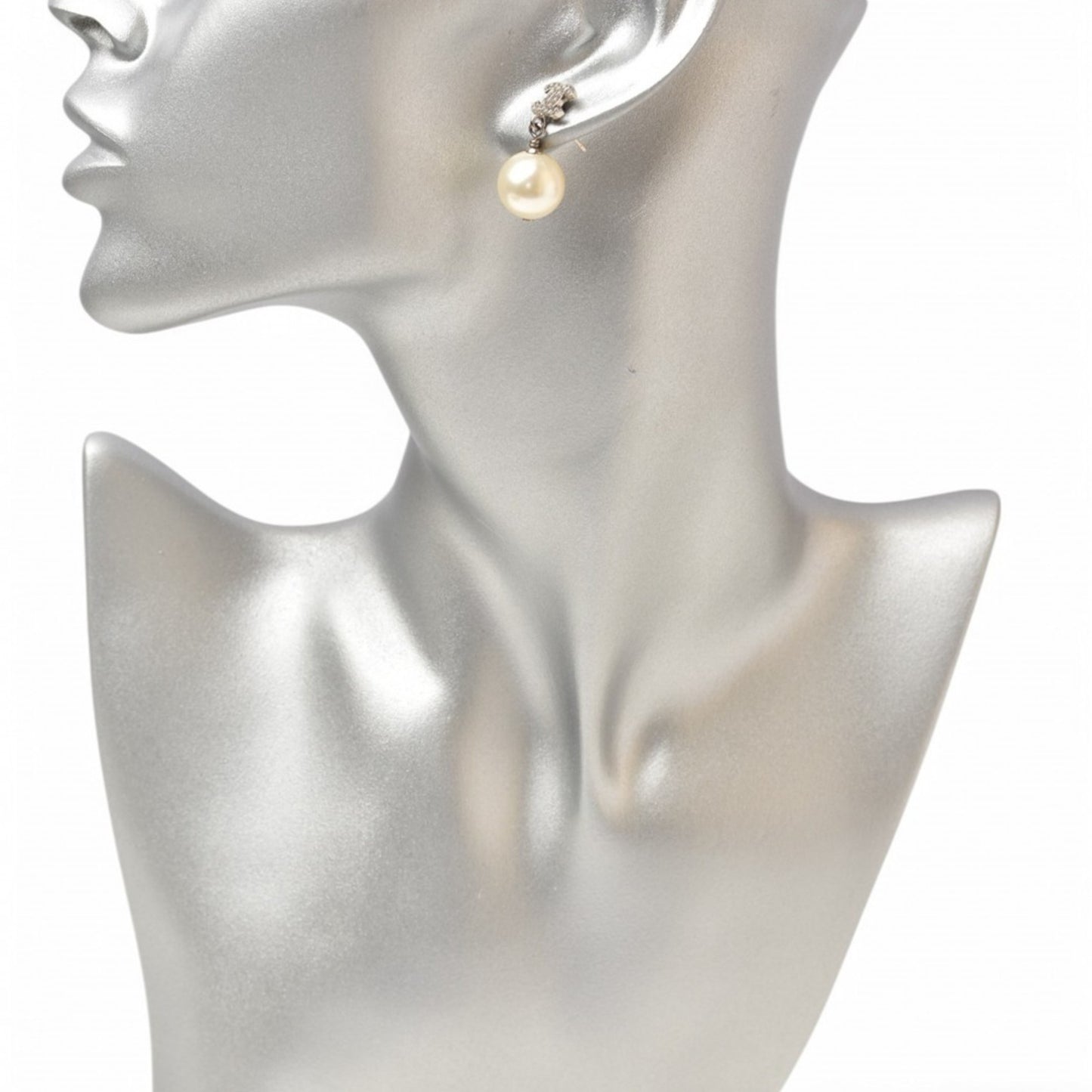 CHANEL Earrings Mini CC Motif Coco Mark Swing Pearl Silver White A20