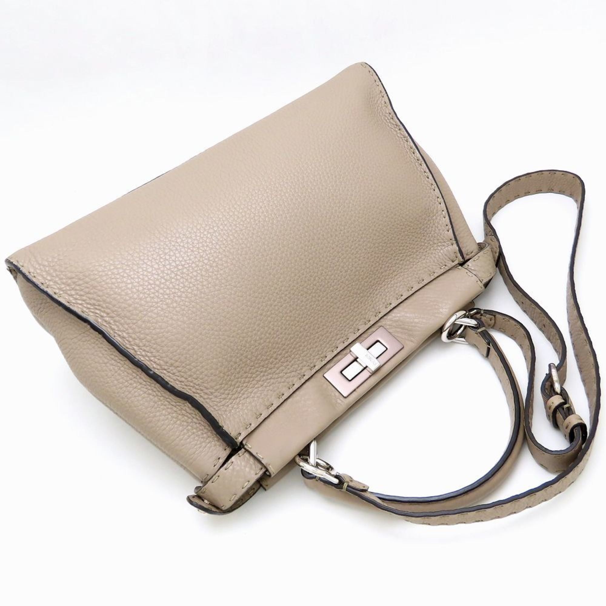FENDI Peekaboo 8BN290 Handbag Selleria Leather Greige 352378