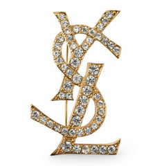 Yves Saint Laurent Saint Laurent pin brooch, badge, SAINT LAURENT monogram YSL, rhinestone, gold — Like New