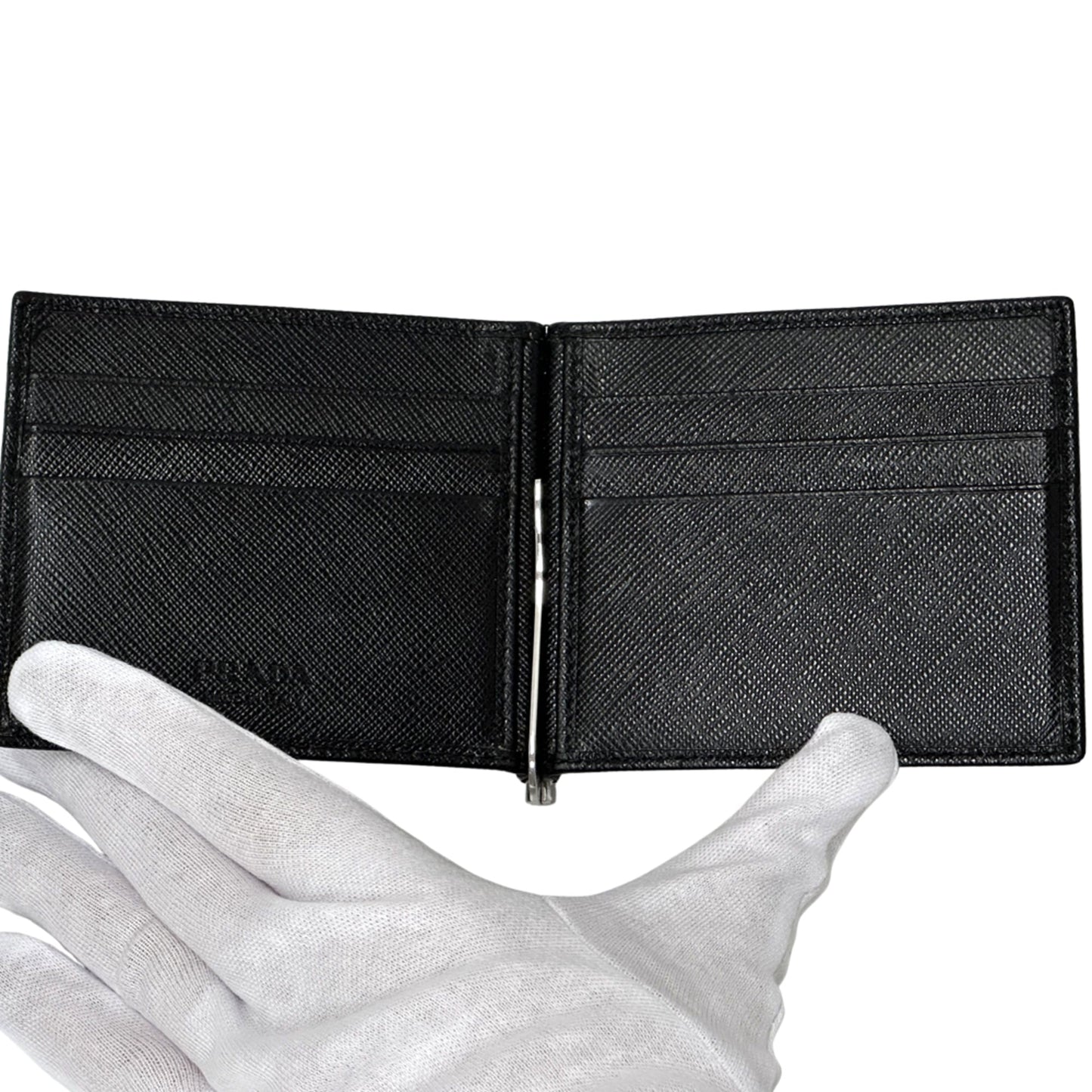 Prada Men's Saffiano NERO Money Clip 2MN077 Bifold Wallet with Triangle Logo