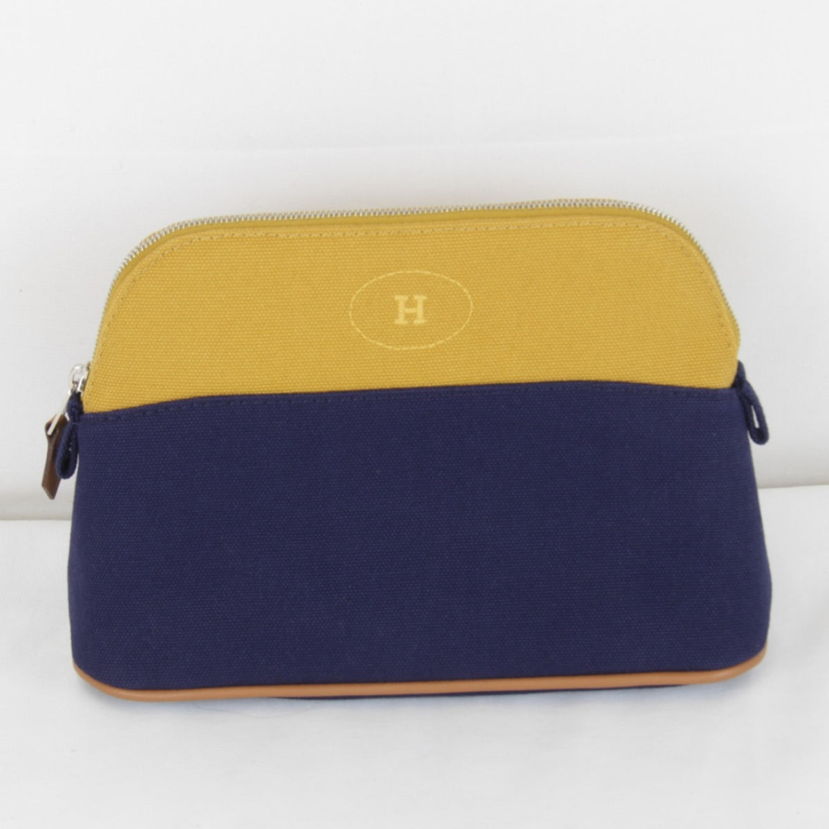 HERMES Bolide Mini Pouch, Cotton, Ochre x Navy, Women's — Like New