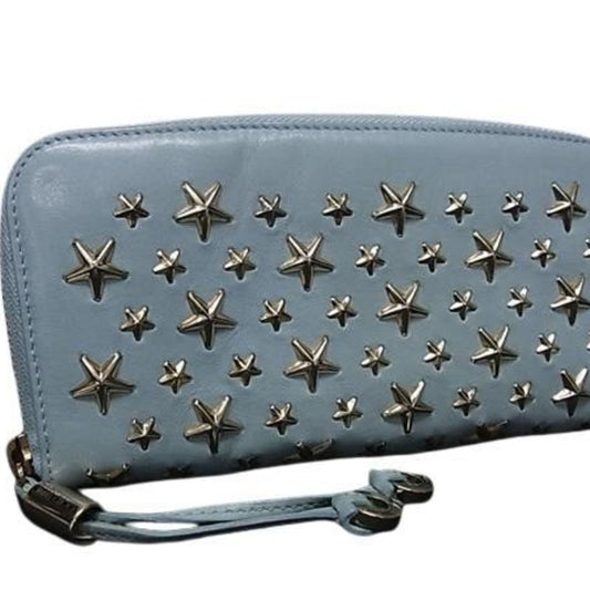 JIMMY CHOO Philippa Light Blue Leather Women's Star Stud Round Long Wallet