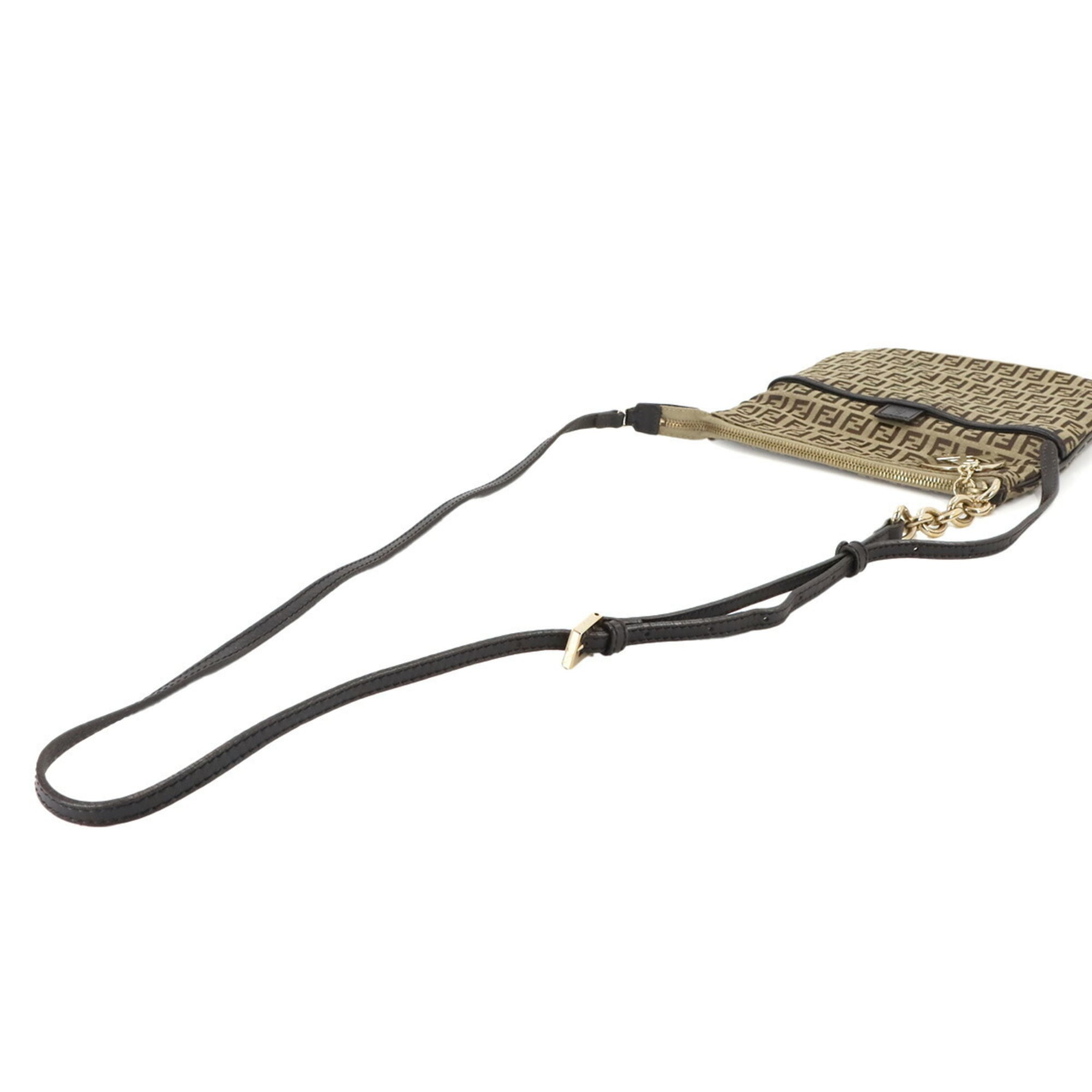Fendi Zucchino Shoulder Bag, Canvas, Leather, Beige, Brown, Gold Hardware, 8BT150