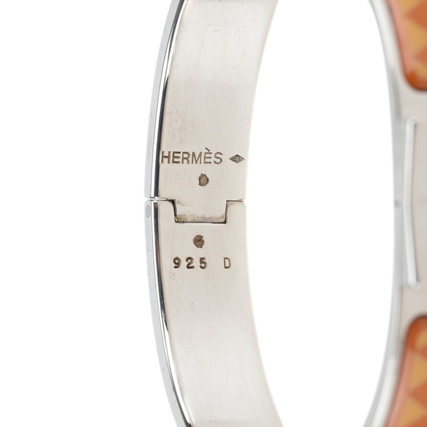 Hermes enamel bangle in silver, brown, and beige metal for women.