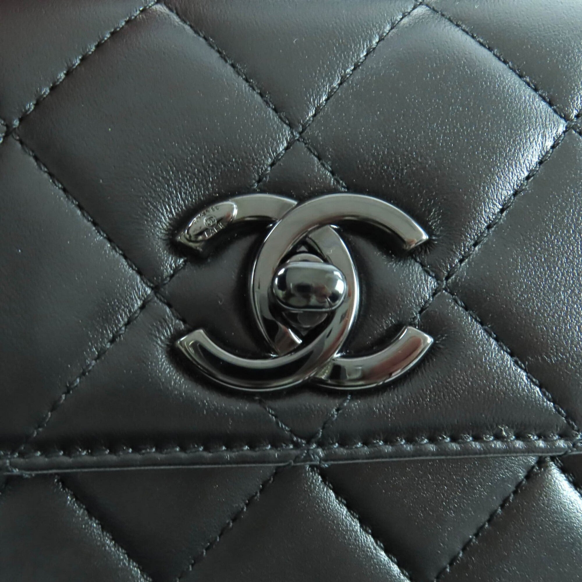 CHANEL Trendy CC Lambskin Leather Top Handle Matelassé Chain Shoulder Bag, Black with Hardware, Made in Italy, Women's — Like New
