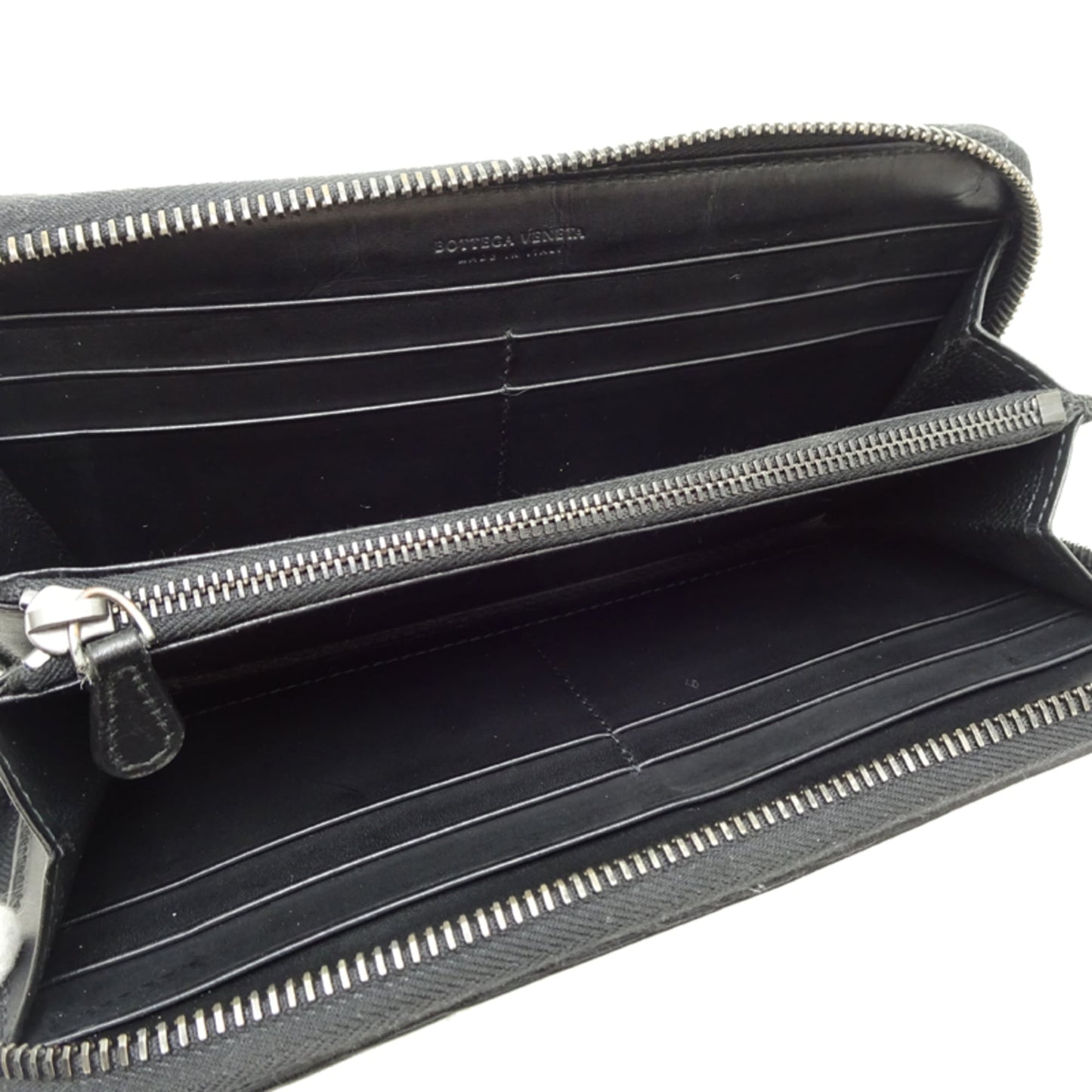 Bottega Veneta Intrecciato Zip Wallet, Women's and Men's Long Wallet 114076, Black Leather