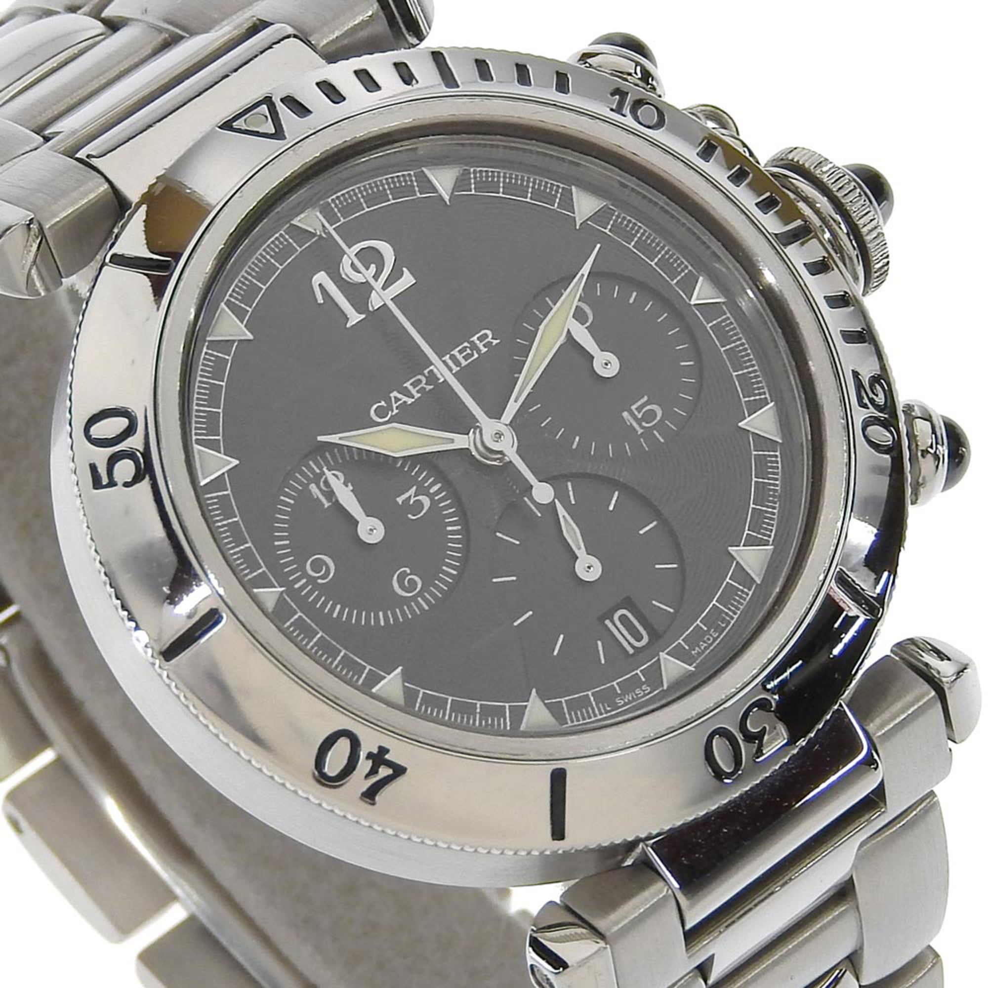 Cartier Pasha Men's Watch, Caliber 205, W3107355, Stainless Steel, Automatic Chronograph, Gray Dial, See-Through Back — Good