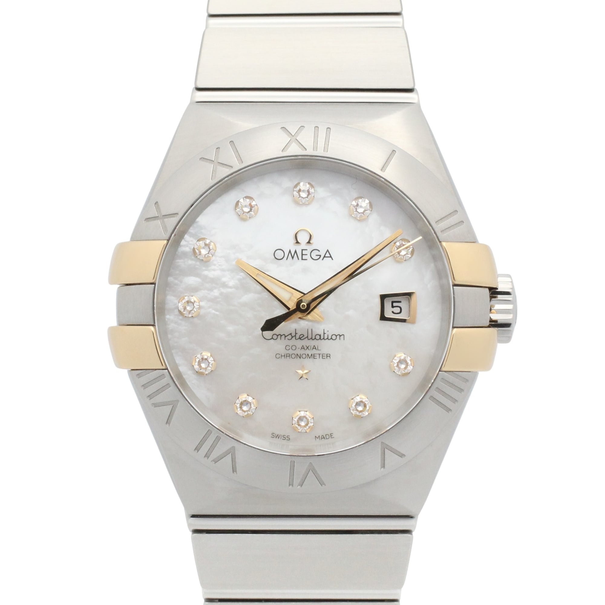 Omega Constellation watch, 18K yellow gold stainless steel, women's, white dial with mother-of-pearl case, model number 123.20.31.20.55.004 — Very Good