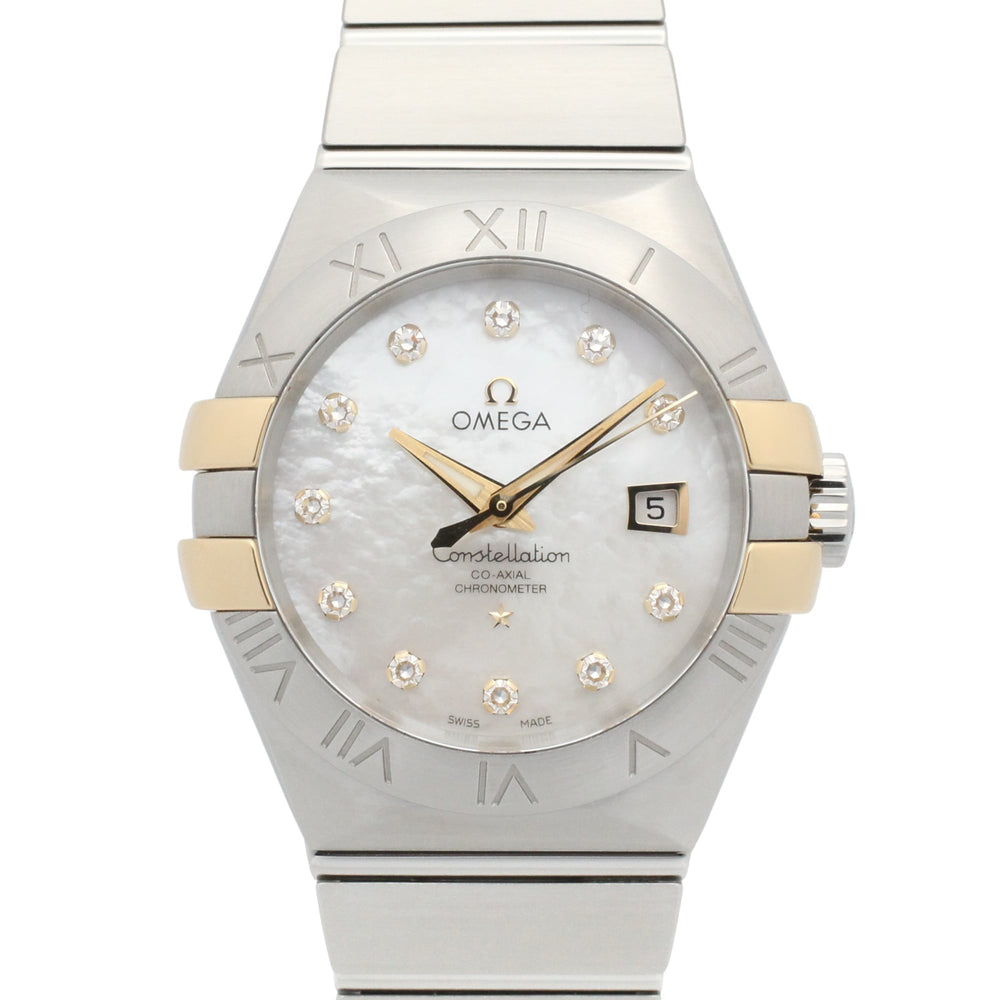 Omega Constellation watch, 18K yellow gold stainless steel, women's, white dial with mother-of-pearl case, model number 123.20.31.20.55.004 — Very Good