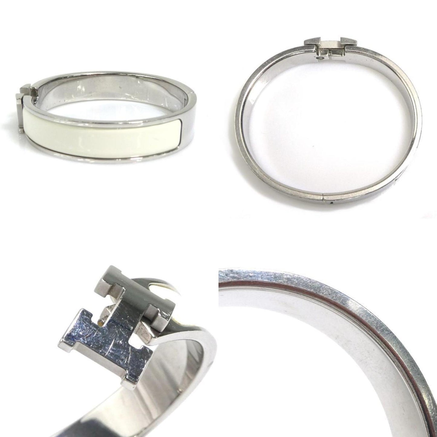 Hermes Hermès Click-Clack Metal Enamel Bangle Bracelet in Silver and Off-White for Women (e60887i)