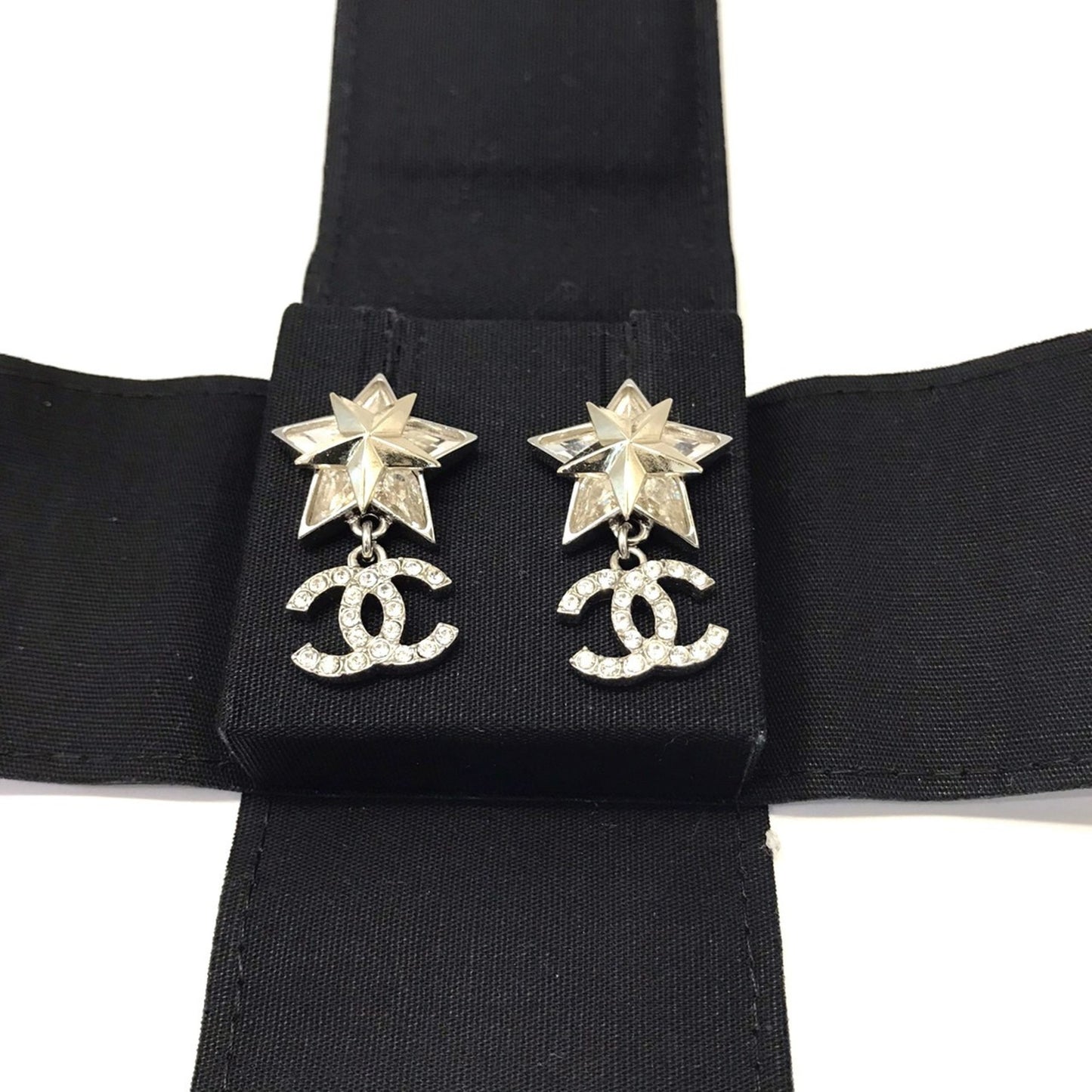 CHANEL Women's Earrings with Coco Mark Rhinestone Star in Silver