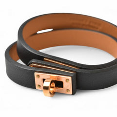 Hermes Kelly Bangle HERMES Leather Double Tour Black/Pink Gold T2 Unused — New - Store Return