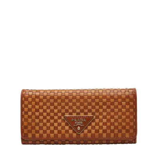 Prada logo braided triangle plate long wallet brown leather women's PRADA