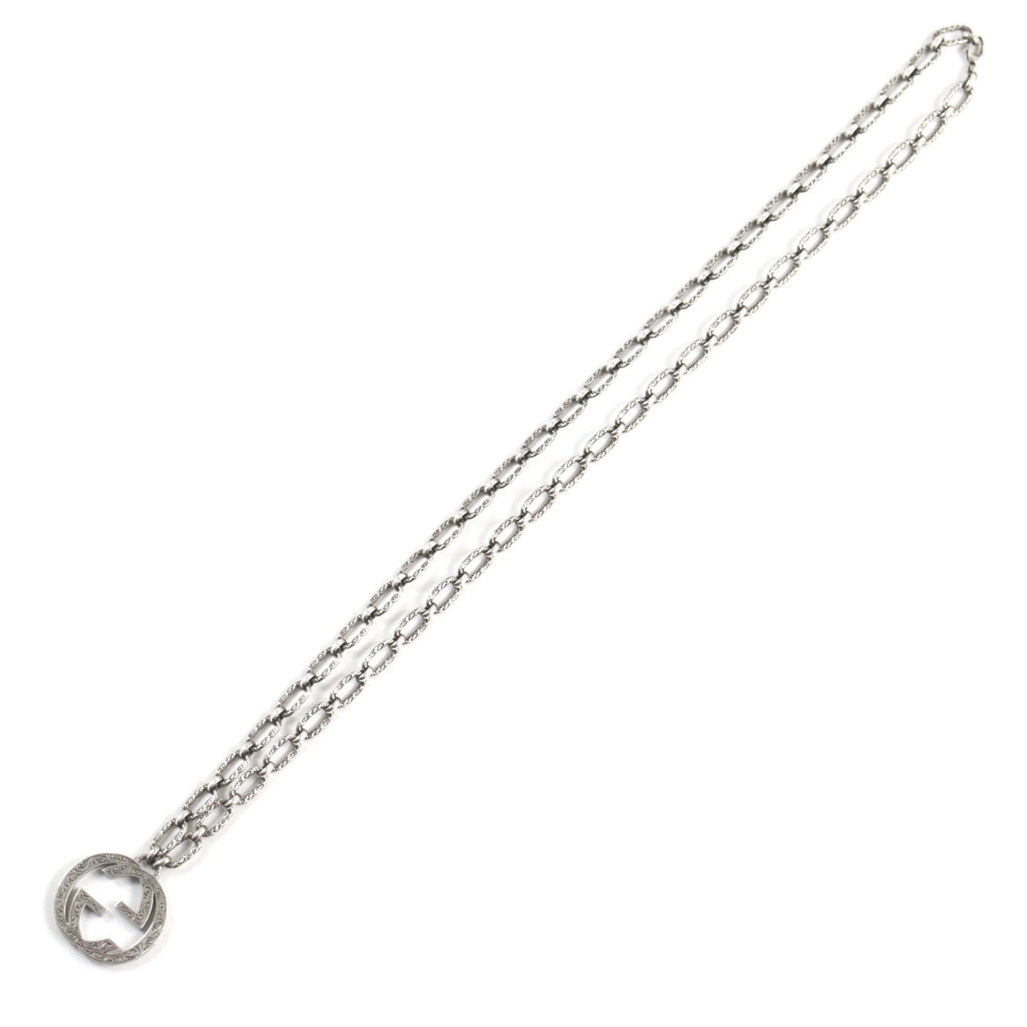 GUCCI 524890 Arabesque Interlocking G Textured Long Chain Necklace, AG925 Silver, with Box and Dust Bag, Made in Italy, Men's
