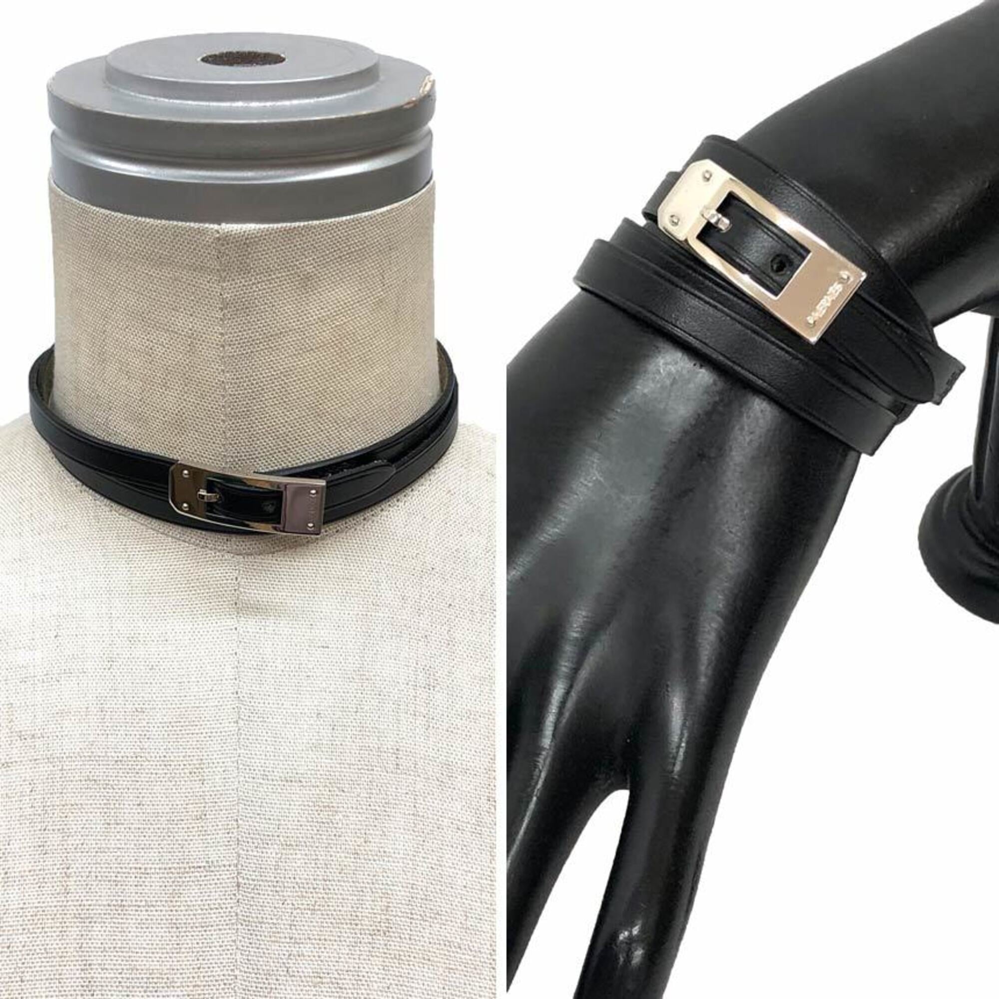 Hermes HERMES Leather Bracelet Choker Kelly Ardion Black □H Stamp — Like New
