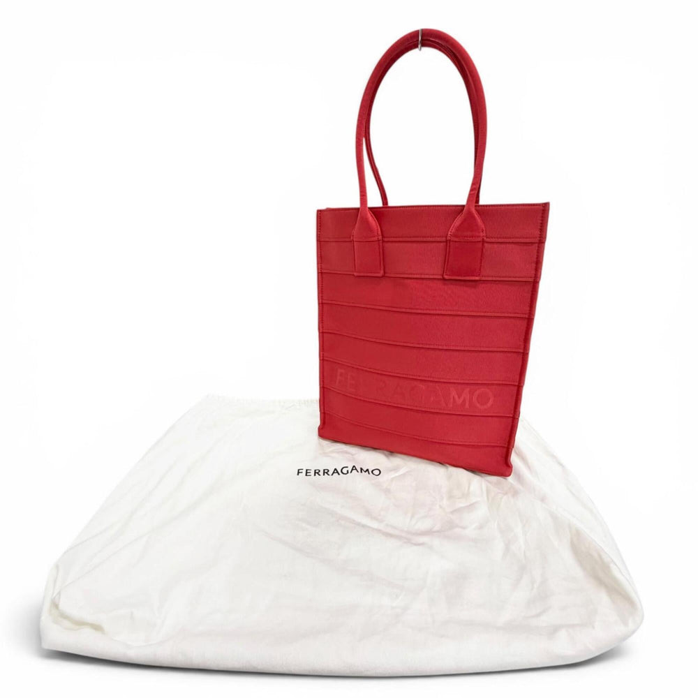 Salvatore Ferragamo FERRAGAMO 213986 Front Logo Leather Grosgrain Square Tote Bag Red Made in Italy Women's with Dust — Like New