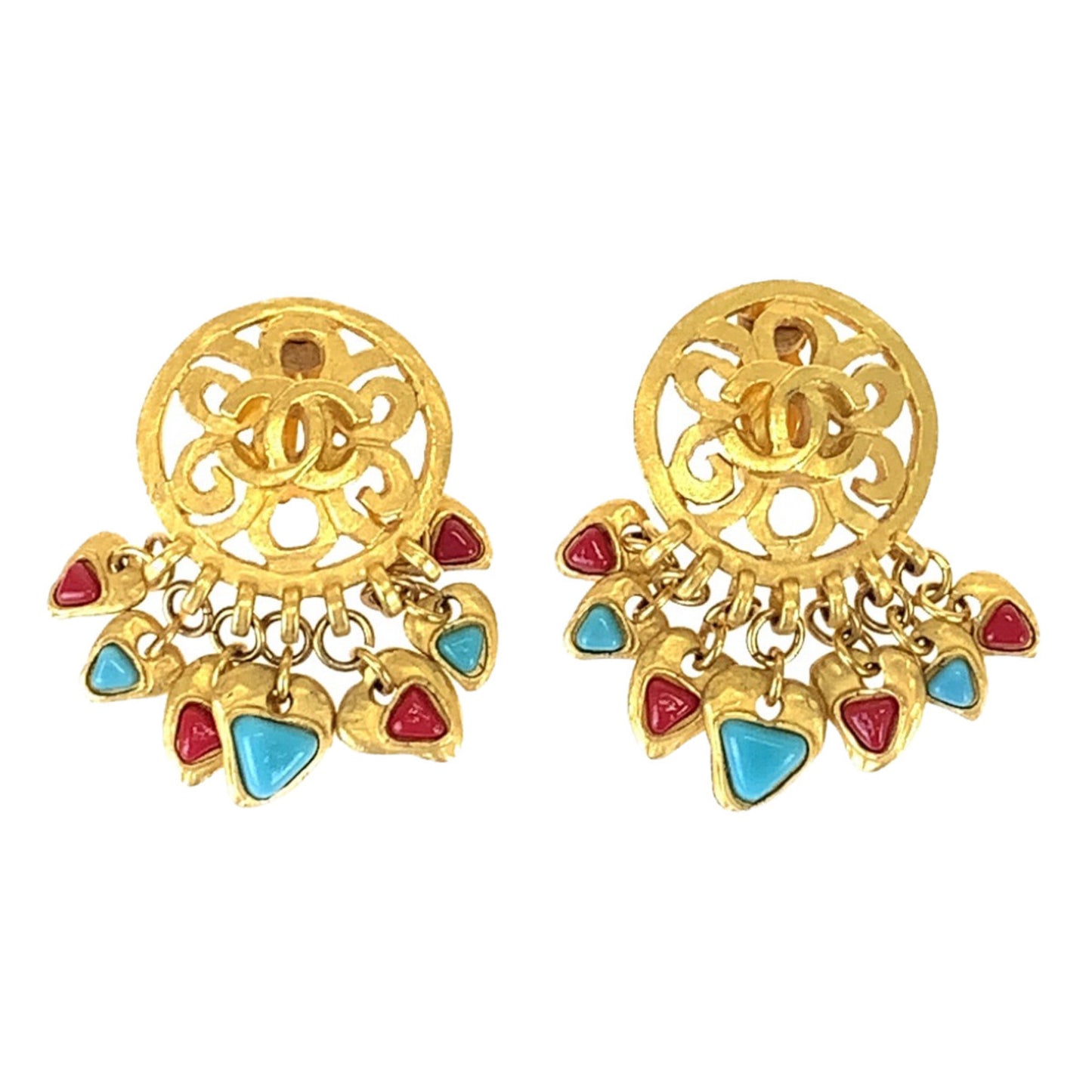 CHANEL Vintage Coco Mark Stone Gold, Red, and Blue Plated Swing Earrings for Women