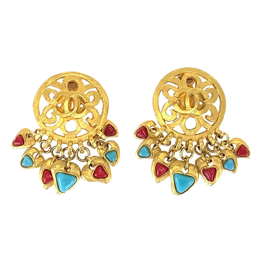 CHANEL Vintage Coco Mark Stone Gold, Red, and Blue Plated Swing Earrings for Women