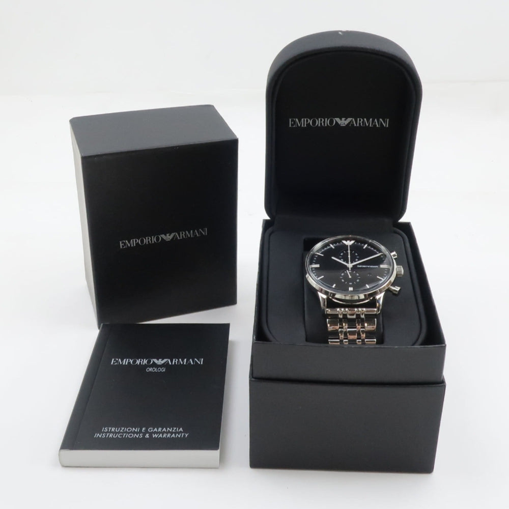 Emporio Armani AR0389 Stainless Steel Silver Quartz Chronograph Men's Watch with Black Dial — Like New